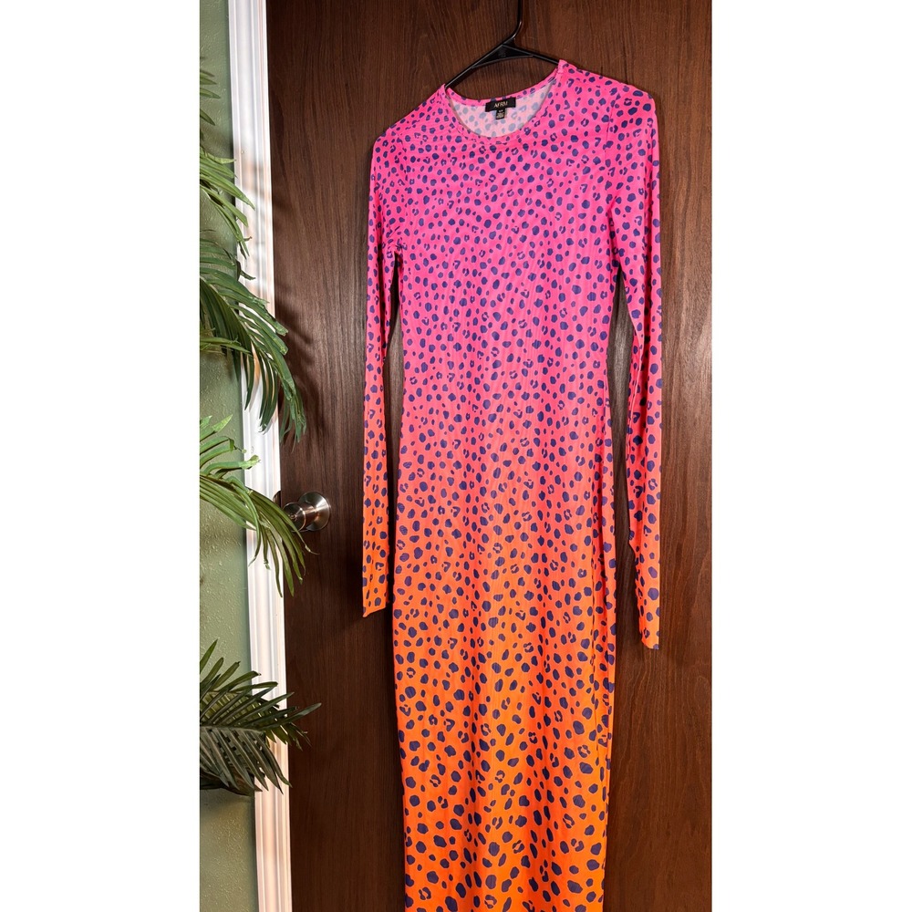 AFRM Ombre Leopard Print Long Sleeve Mesh Maxi Dress S